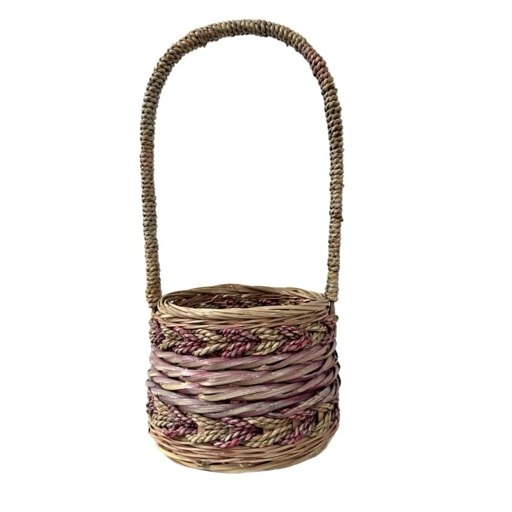 Vintage Basket Cottage House Tall Arched Handle Wicker Woven Twist Design 13x6”